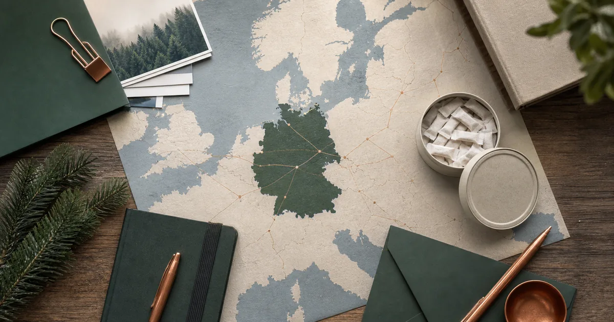 Editorial map study of Germany with unbranded nicotine pouch tins and EU route markers