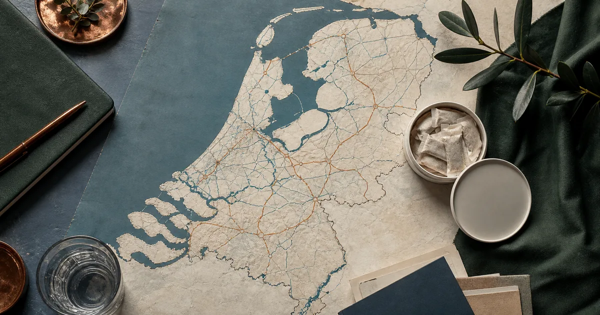 Editorial map study of the Netherlands with unbranded nicotine pouch tins and route markers