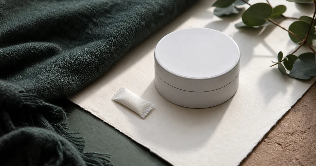 Soft materials and an unbranded pouch arranged as a comfort-focused editorial still life