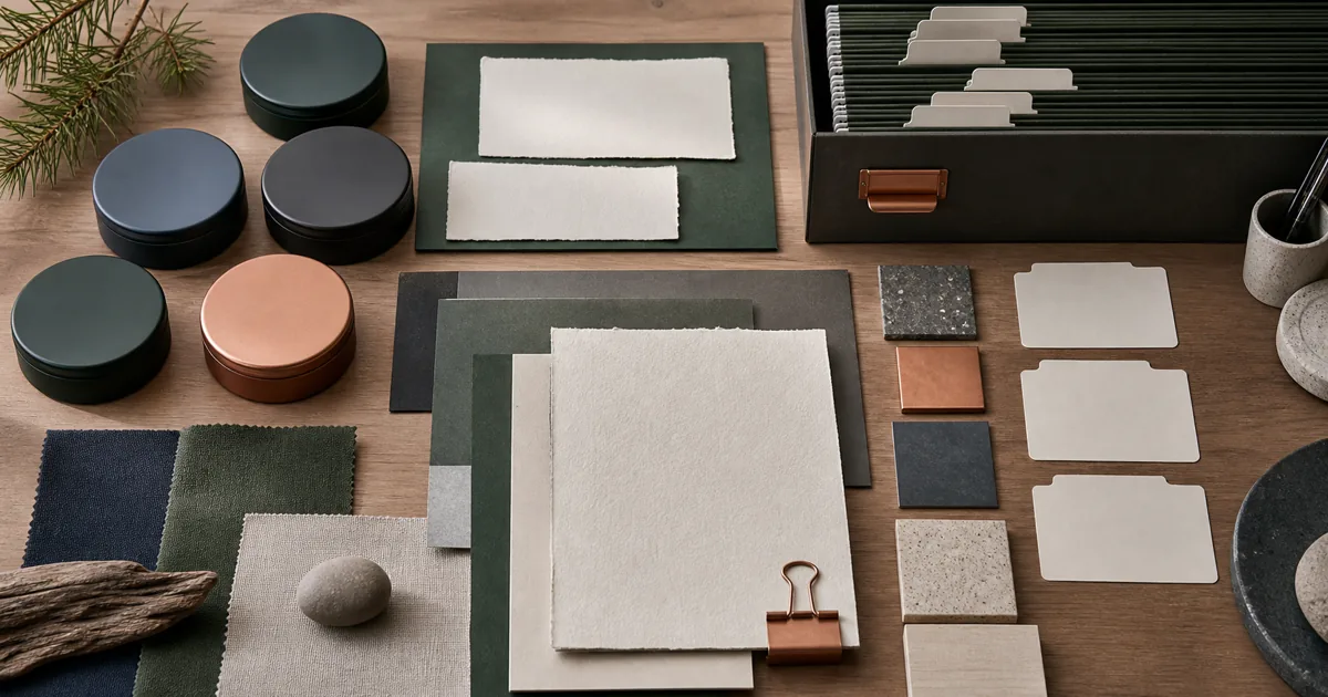 Archive of unbranded pouch tins and material notes for brand research