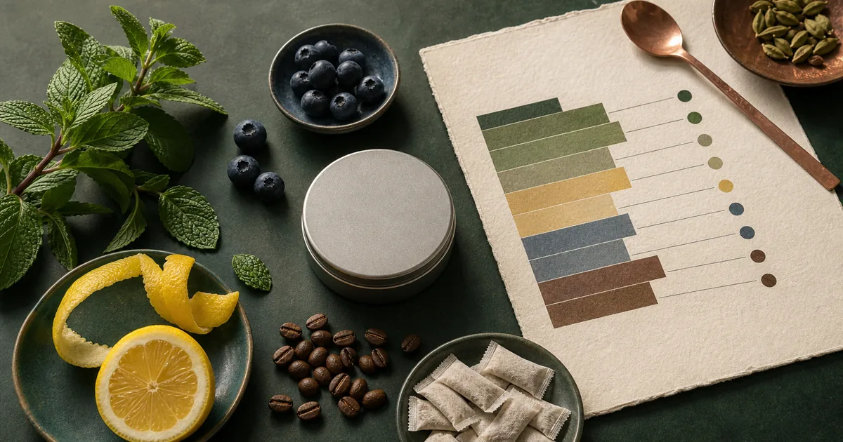 Mint, citrus, berries, and coffee arranged around a stepped strength guide