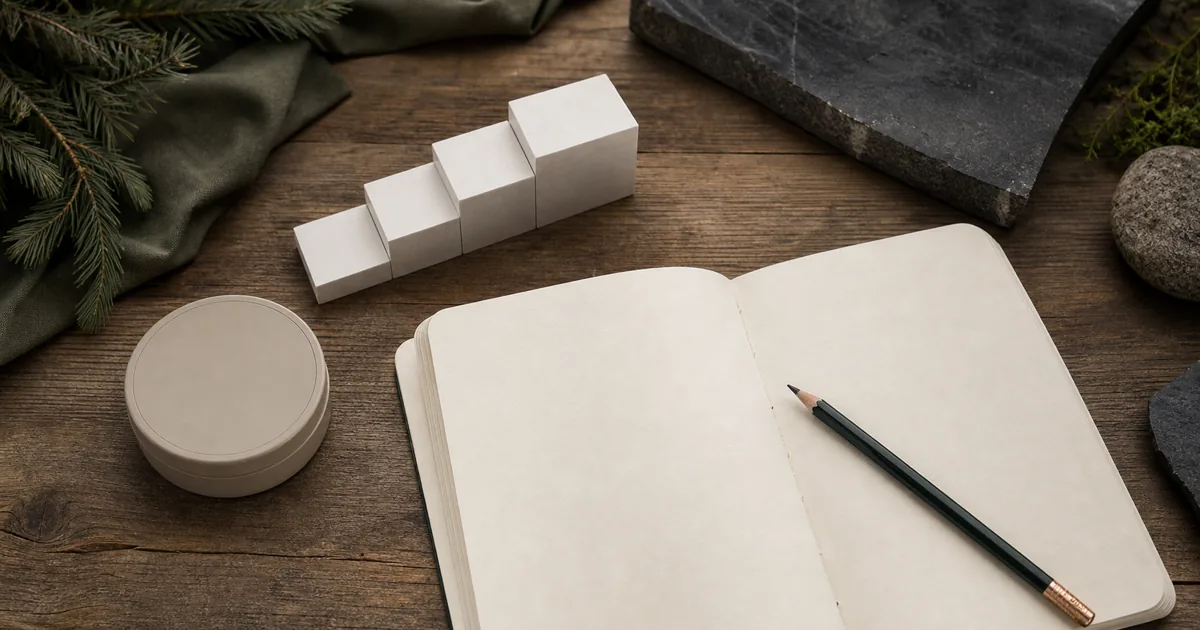 Notebook and unbranded pouch tin arranged as a beginner guide